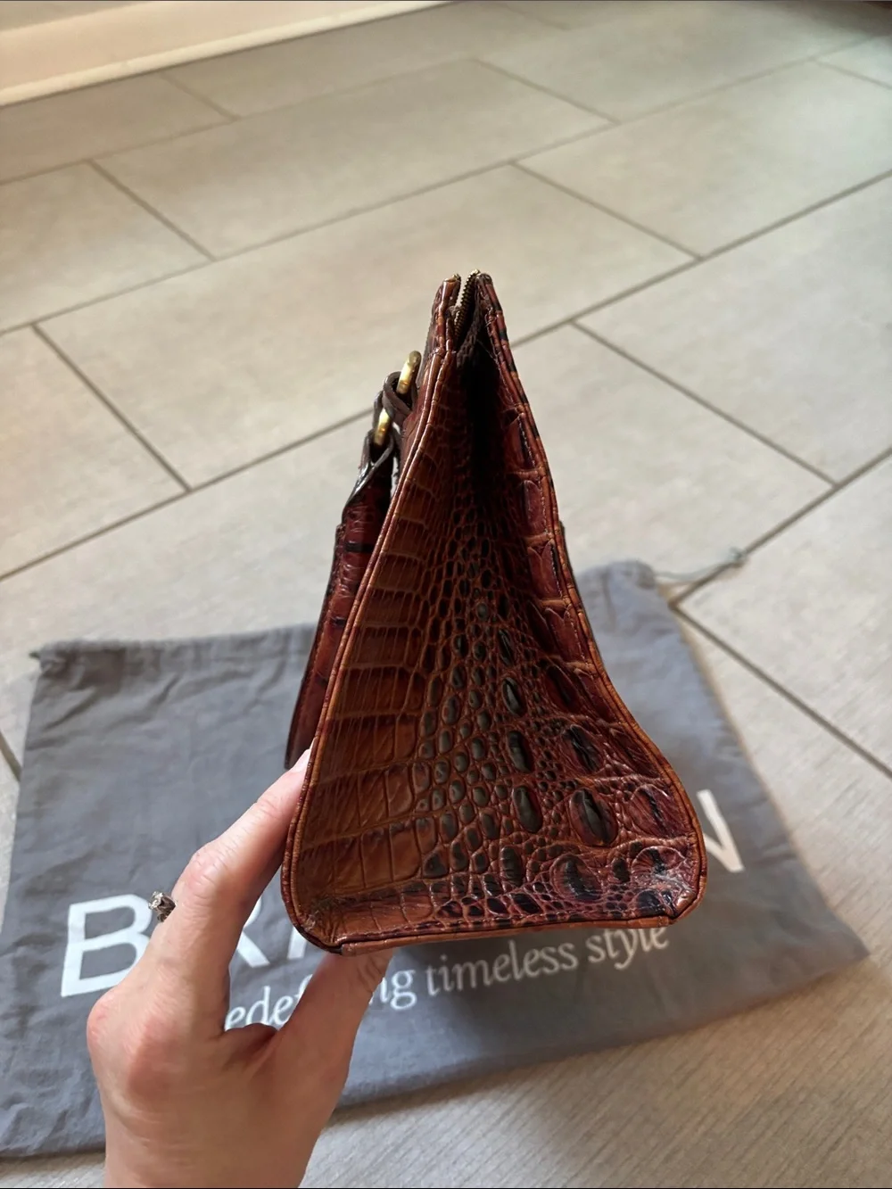 Brahmin Croc-Embossed Satchel in Pecan/Brown with Gold Hardware